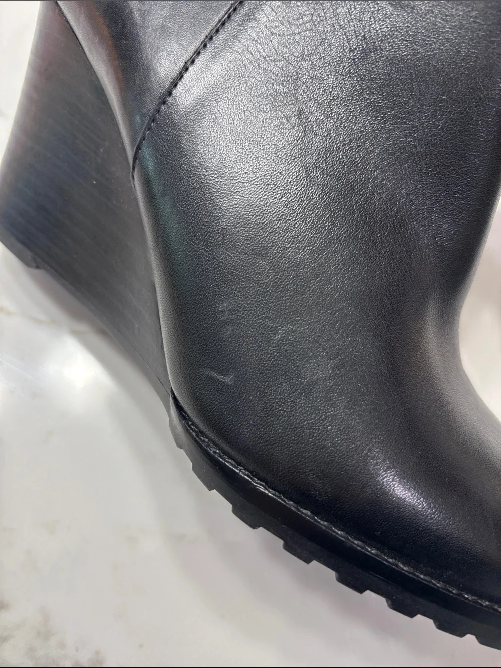 Ralph Lauren Black Leather Wedge Booties with Gold Logo